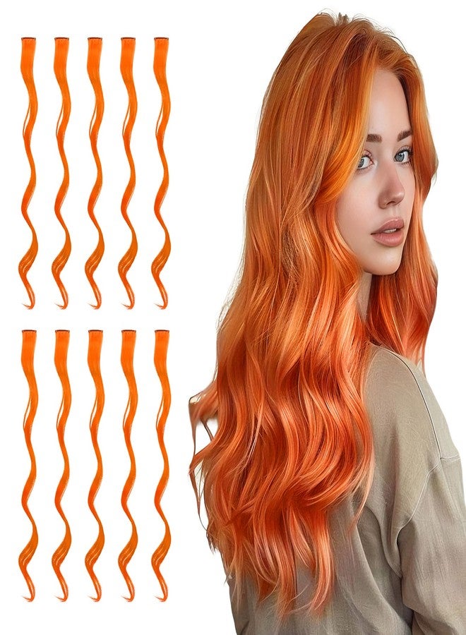 SOFEIYAN 10 Pcs Colored Hair Extensions Party Highlights Colorful Clip in Hair Extensions 17 Inch Curly Wavy Synthetic Hairpieces for Women Kids Girls Halloween Christmas Cosplay, 10Pcs Orange - Image 1